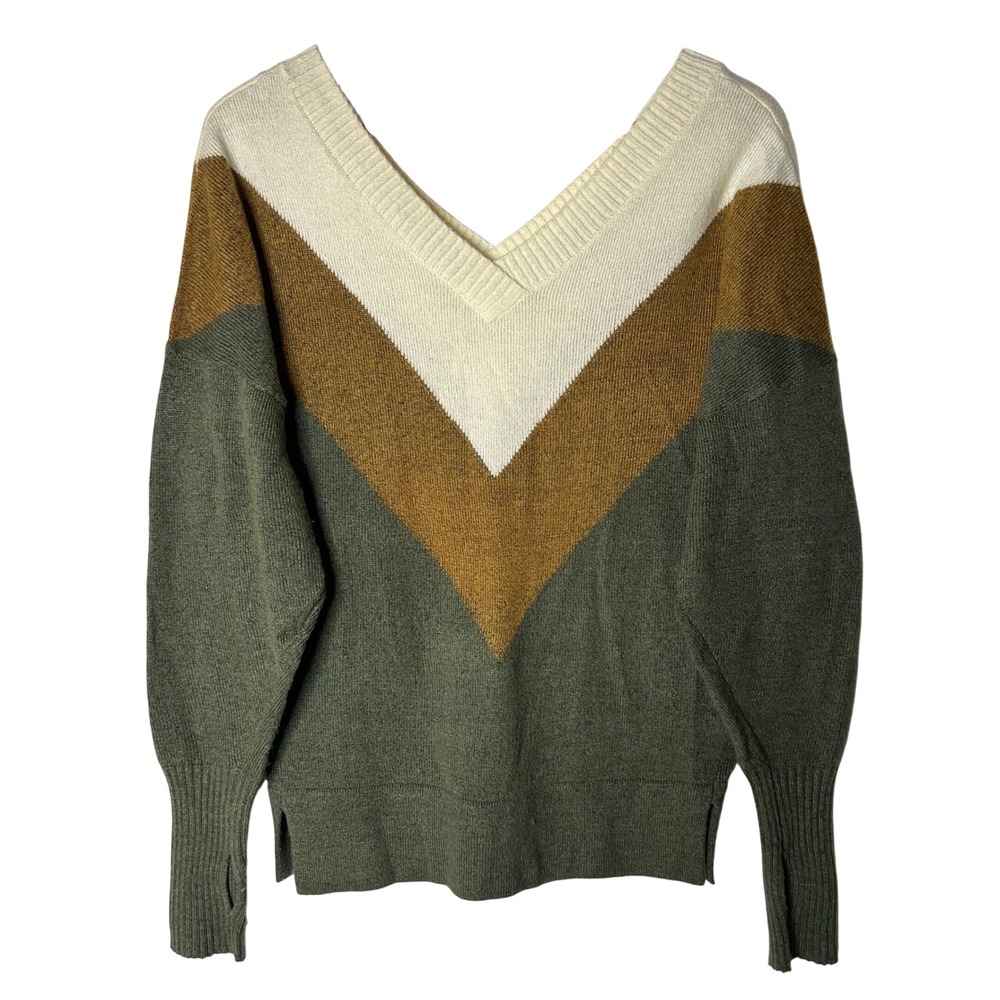 PrAna Sweater Size XS Chevron‎ V Neck Knit Green Brown Cream Oversize